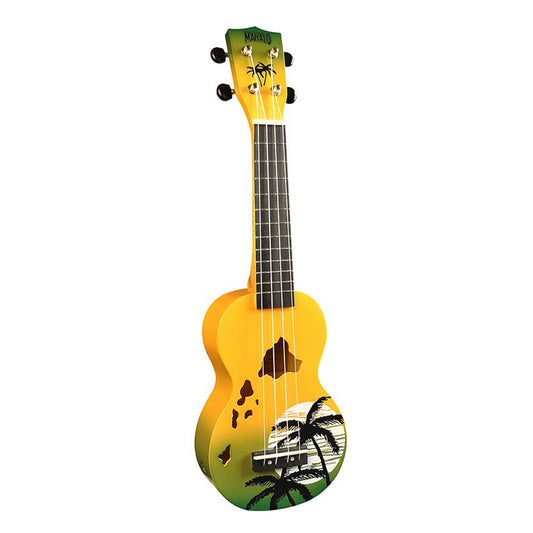Mahalo MD1HAGNB – Set ukulele sopran, seria Designer Hawaii, finisaj galben-verde, cu husă