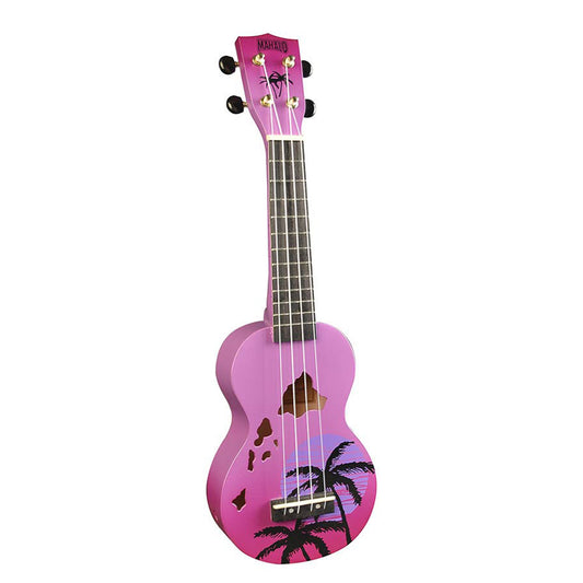 Mahalo MD1HAPPB – Set ukulele sopran, seria Designer Hawaii, finisaj mov burst, cu husă