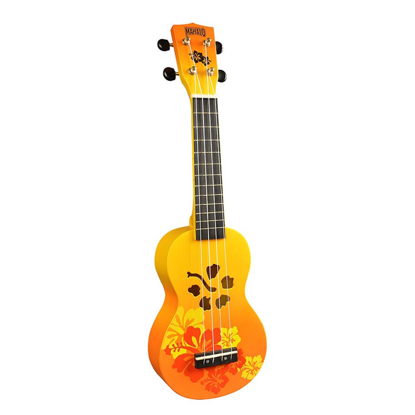 Mahalo MD1HBORB – Set ukulele sopran, seria Designer Hibiscus, finisaj portocaliu burst, cu husă