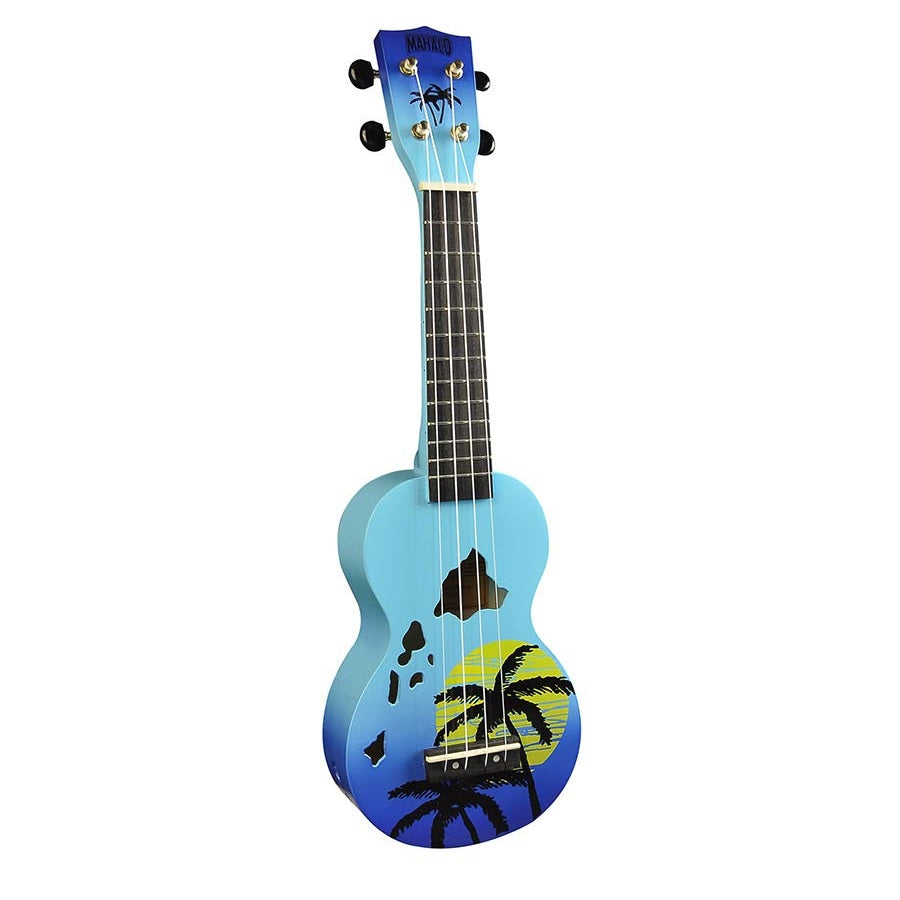 Mahalo MD1HABUB – Set ukulele sopran, seria Designer Hawaii, finisaj albastru burst, cu husă