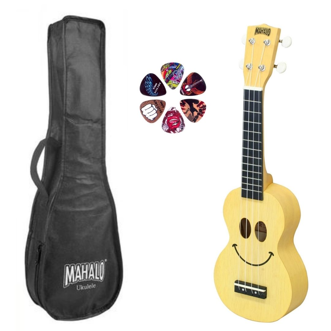 Mahalo SMILETBS – Set ukulele sopran, model „Smile”, finisaj caramel transparent natur, cu husă și 6 pene