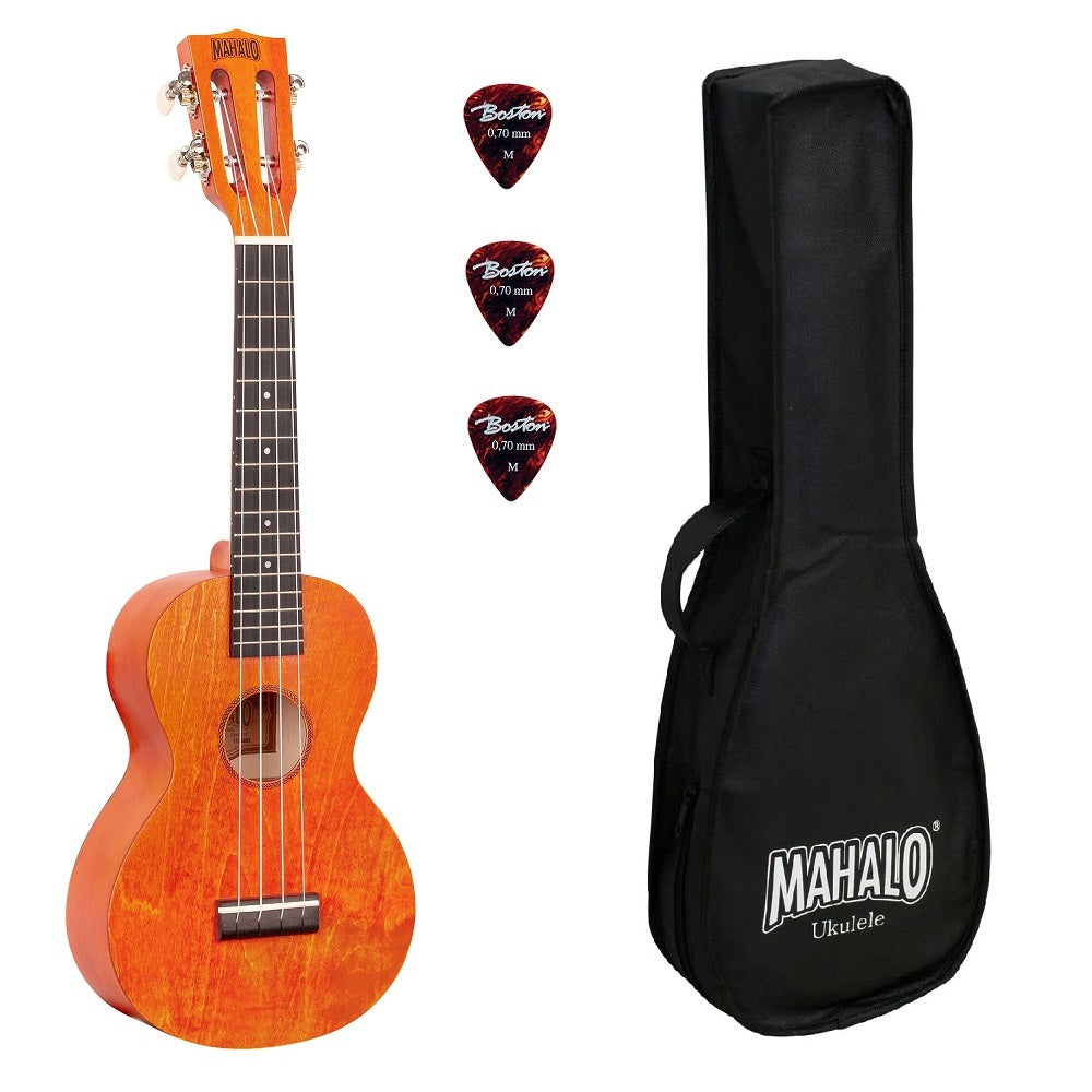 Mahalo ML2OS – Set ukulele concert, finisaj portocaliu Orange Sunset, cu husă și 3 pene