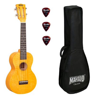Mahalo ML2SF – Set ukulele concert, finisaj galben Sunflower, 3 pene, cu husă