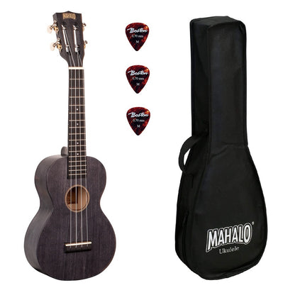 Mahalo ML2SH – Set ukulele concert, finisaj negru Smoke Haze, 3 pene, cu husă