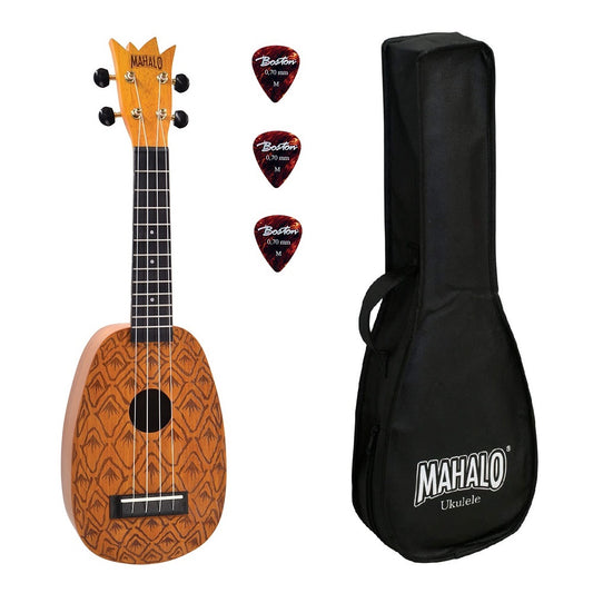Mahalo ME1P – Ukulele sopran, finisaj natur, model ananas, cu husă și 3 pene