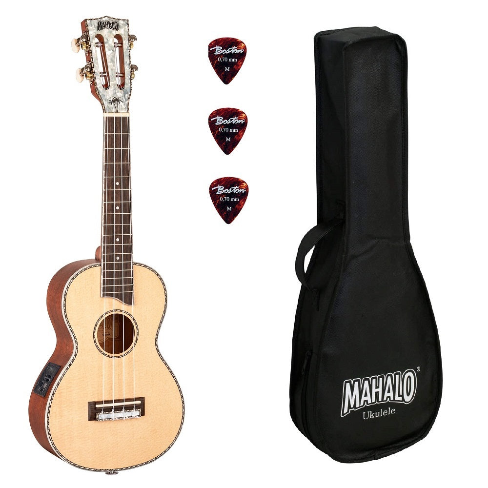 Mahalo MP2E – Set ukulele concert electro-acustic, 3 pene, finisaj natur Pearl, cu husă