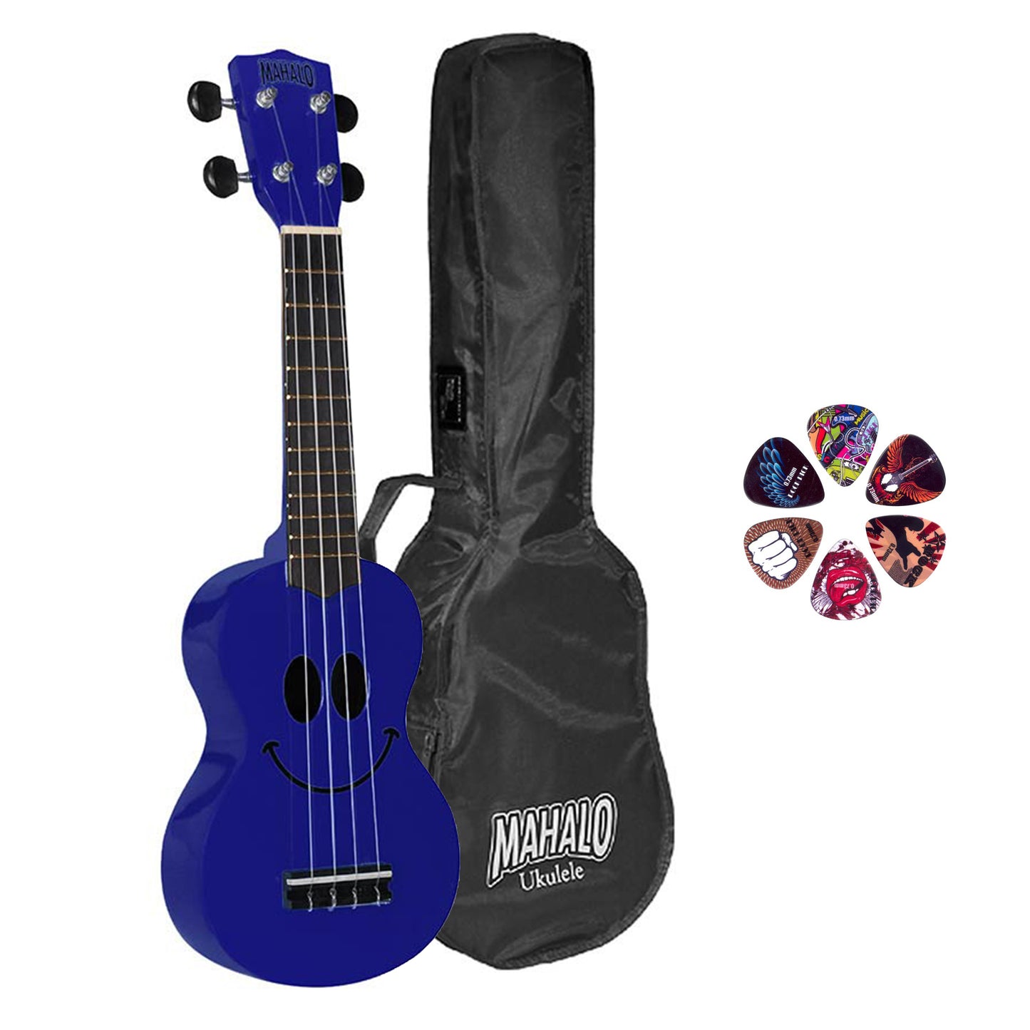 Mahalo SMILEBU – Set ukulele sopran, seria Basic1, finisaj albastru, cu husă și 6 pene