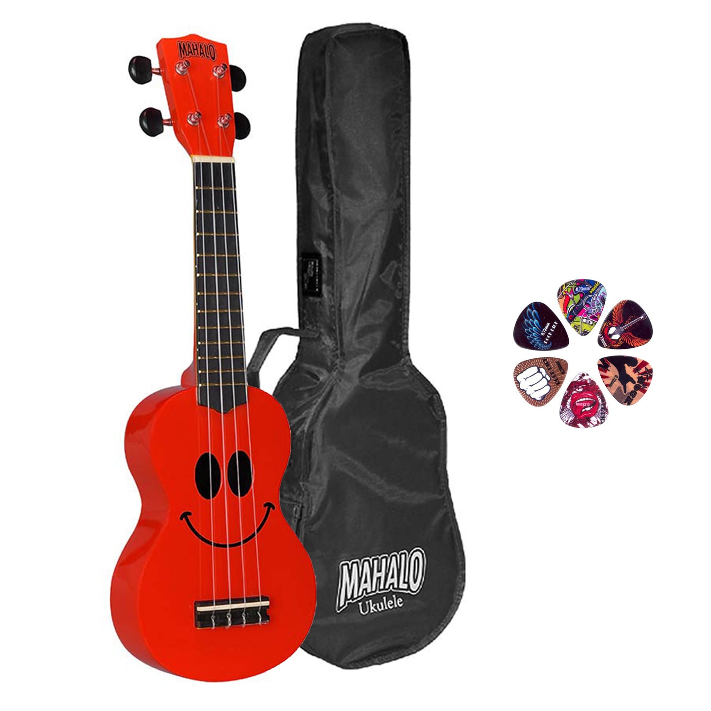 Mahalo SMILE RD – Set ukulele sopran, roșu, cu husă și 6 pene