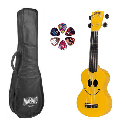 Mahalo SMILEYW – Set ukulele sopran, seria Basic1, finisaj galben, cu husă și 6 pene