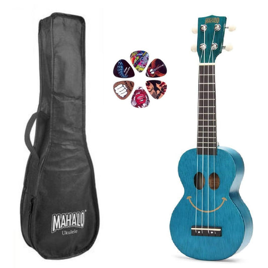 Mahalo SMILETBU – Set ukulele sopran, seria Basic1, finisaj albastru transparent, cu husă și 6 pene