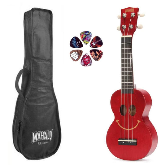 Mahalo SMILETRD – Set ukulele sopran, seria Basic1, finisaj roșu transparent, cu husă și 6 pene