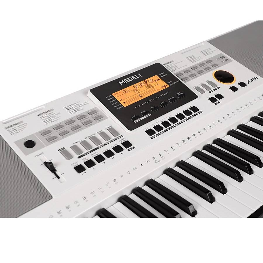 Medeli A300W Orgă electronică, 61 clape dinamice, 618 tonuri, 200 stiluri, USB-MIDI, alb