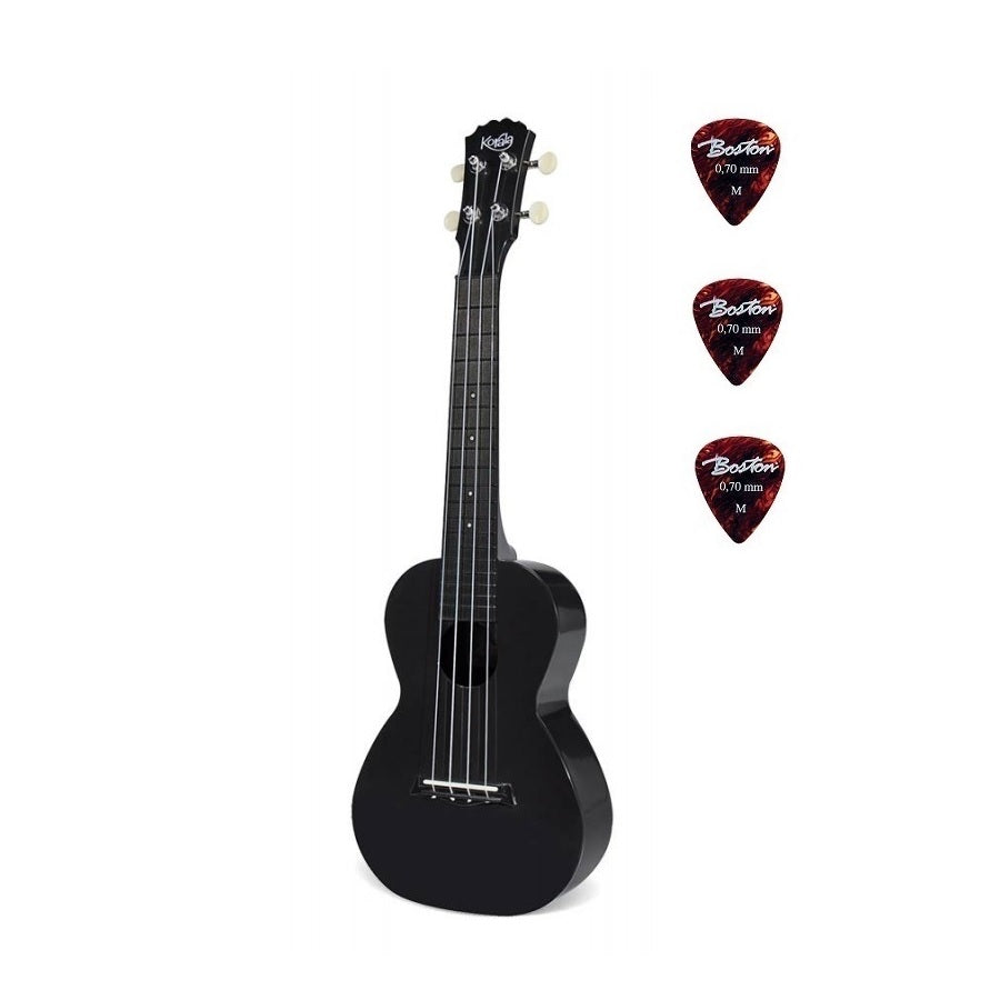 Korala PUC20BK – Ukulele concert, policarbonat, negru, 61 cm, set cu 3 pene