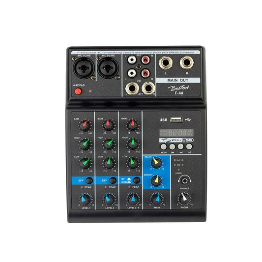 Boston F4A Mixer, 2 intrări mono + 1 stereo, player USB, interfață audio, phantom 48V, efect delay