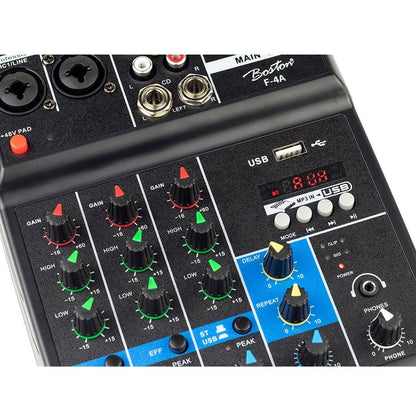 Boston F4A Mixer, 2 intrări mono + 1 stereo, player USB, interfață audio, phantom 48V, efect delay