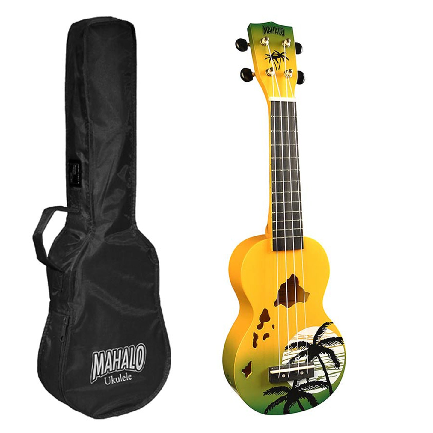 Mahalo MD1HAGNB – Set ukulele sopran, seria Designer Hawaii, finisaj galben-verde, cu husă