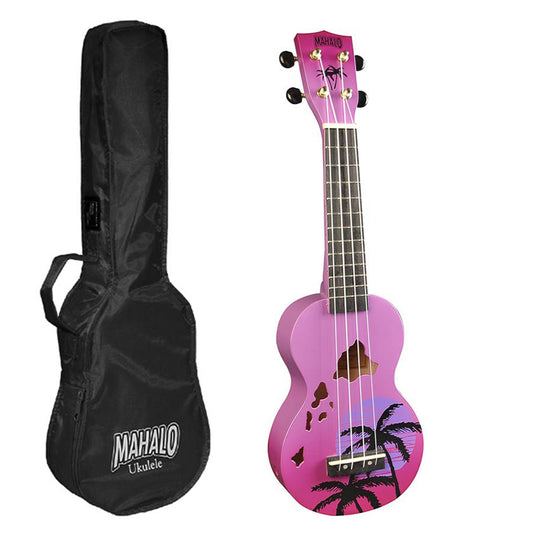 Mahalo MD1HAPPB – Set ukulele sopran, seria Designer Hawaii, finisaj mov burst, cu husă