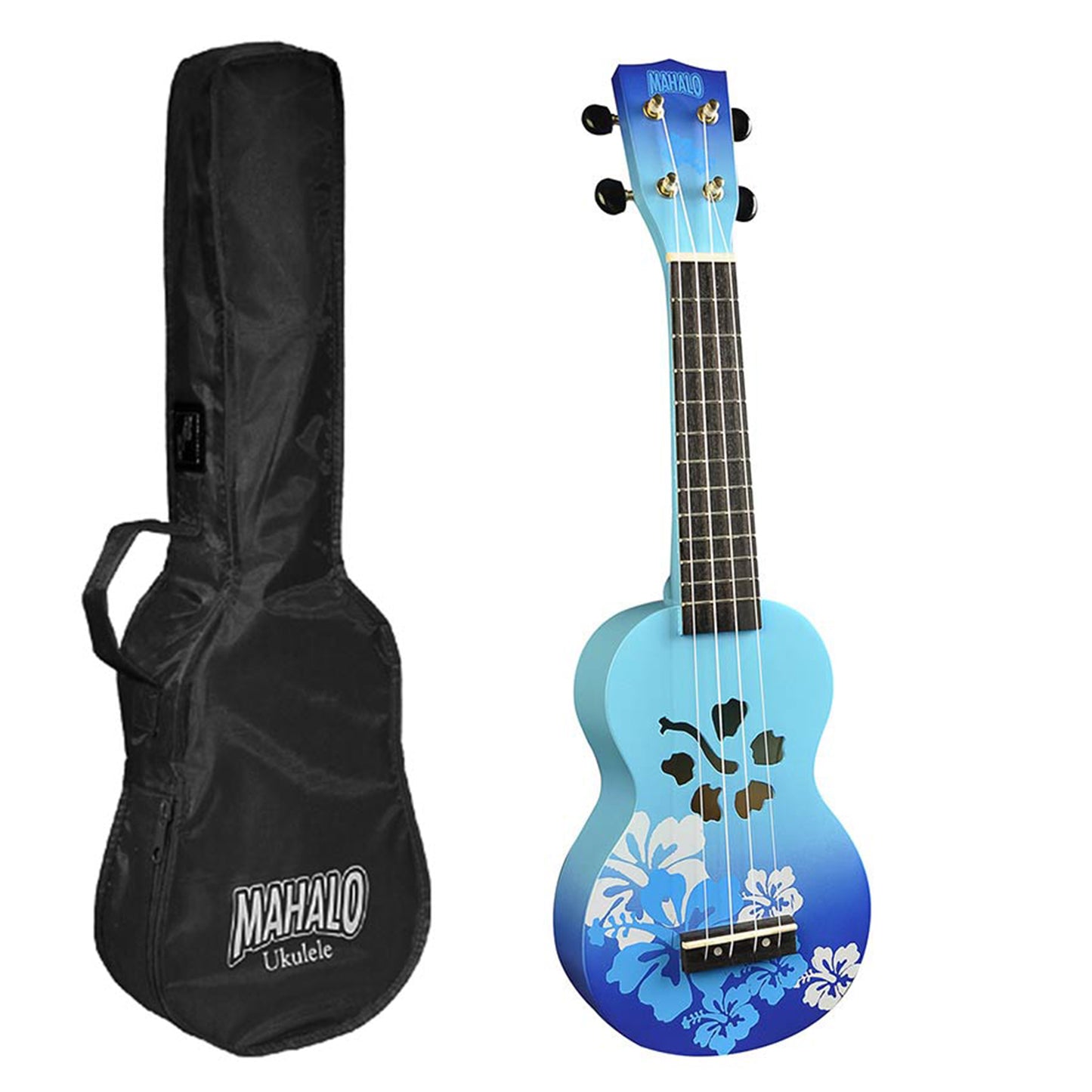 Mahalo MD1HBBUB – Set ukulele sopran, seria Designer Hibiscus, finisaj albastru burst, cu husă