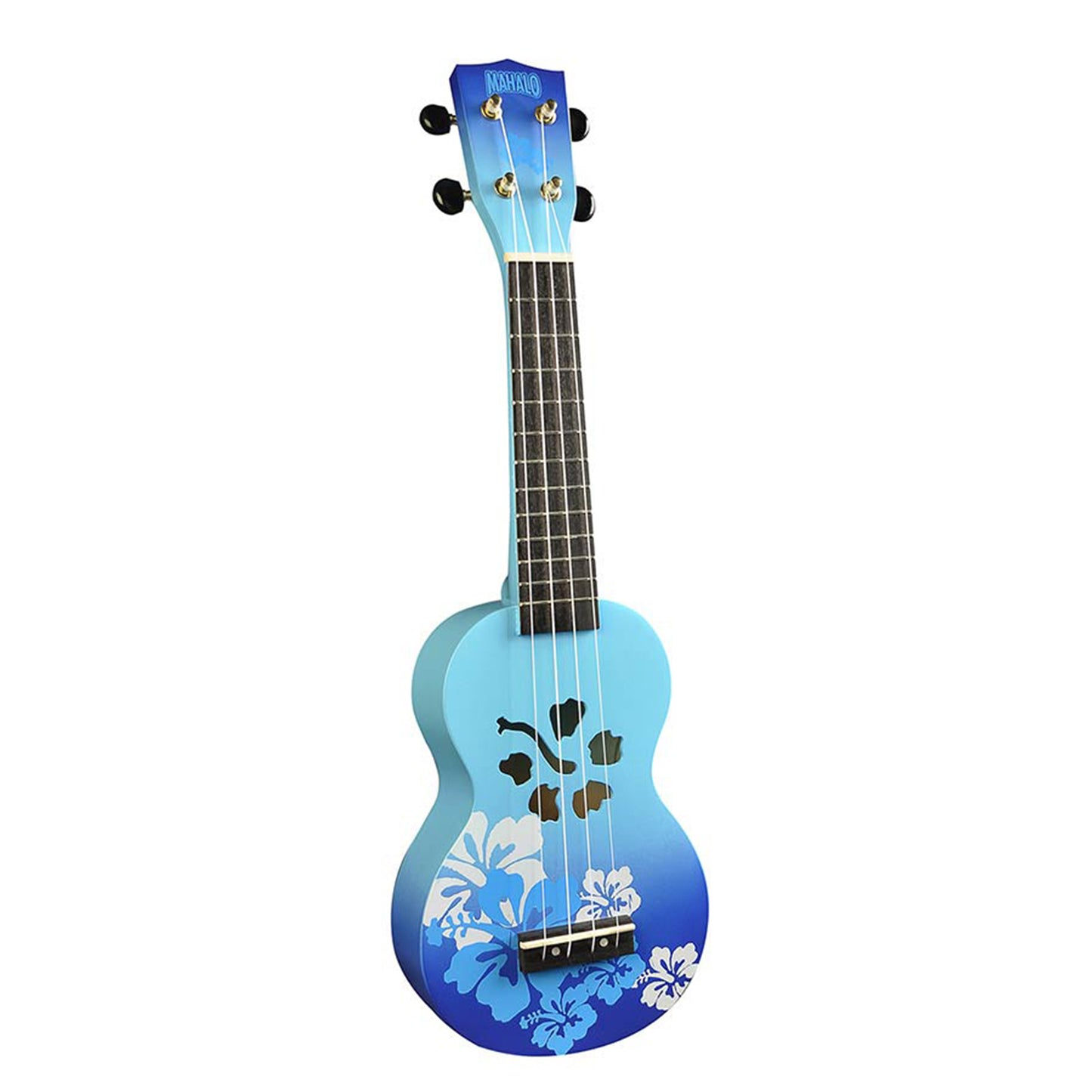 Mahalo MD1HBBUB – Set ukulele sopran, seria Designer Hibiscus, finisaj albastru burst, cu husă