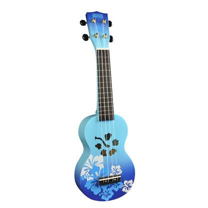 Mahalo MD1HBBUB – Set ukulele sopran, seria Designer Hibiscus, finisaj albastru burst, cu husă