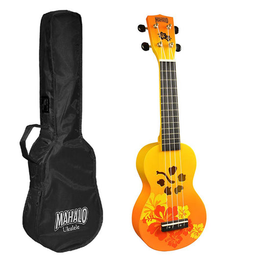 Mahalo MD1HBORB – Set ukulele sopran, seria Designer Hibiscus, finisaj portocaliu burst, cu husă