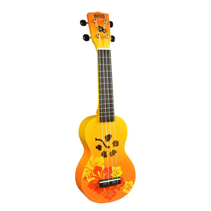 Mahalo MD1HBORB – Set ukulele sopran, seria Designer Hibiscus, finisaj portocaliu burst, cu husă