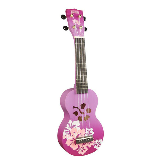 Mahalo MD1HBPPB – Set ukulele sopran, seria Designer Hibiscus, finisaj mov burst, cu husă