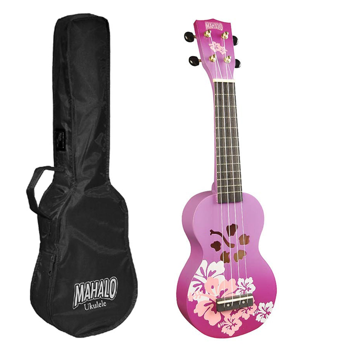Mahalo MD1HBPPB – Set ukulele sopran, seria Designer Hibiscus, finisaj mov burst, cu husă