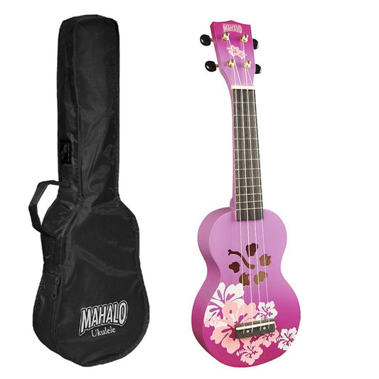 Mahalo MD1HBPPB – Set ukulele sopran, seria Designer Hibiscus, finisaj mov burst, cu husă