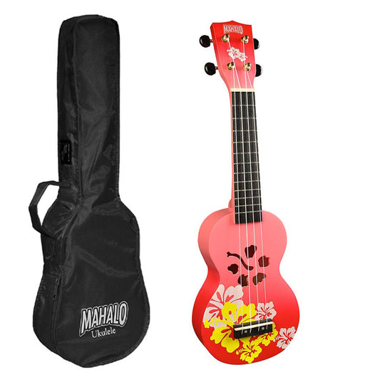 Mahalo MD1HBRDB – Set ukulele sopran, seria Designer Hibiscus, finisaj roșu burst, cu husă