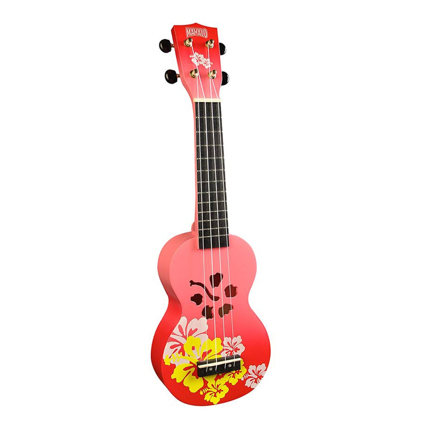 Mahalo MD1HBRDB – Set ukulele sopran, seria Designer Hibiscus, finisaj roșu burst, cu husă