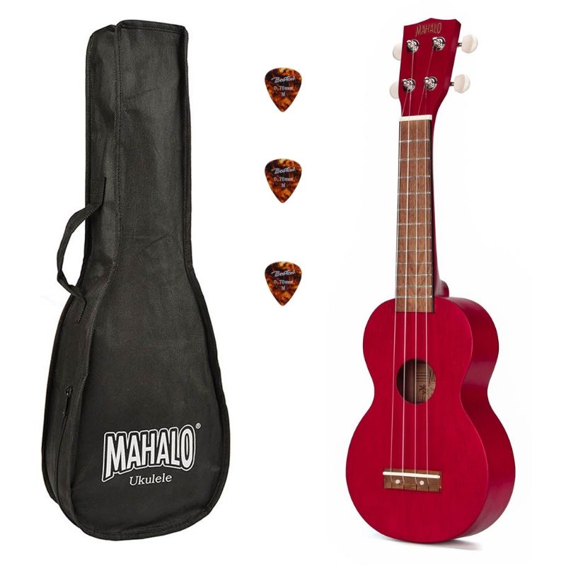 Mahalo MK1TRD – Set ukulele sopran Kahiko Series, roșu transparent, cu husă și 3 pene