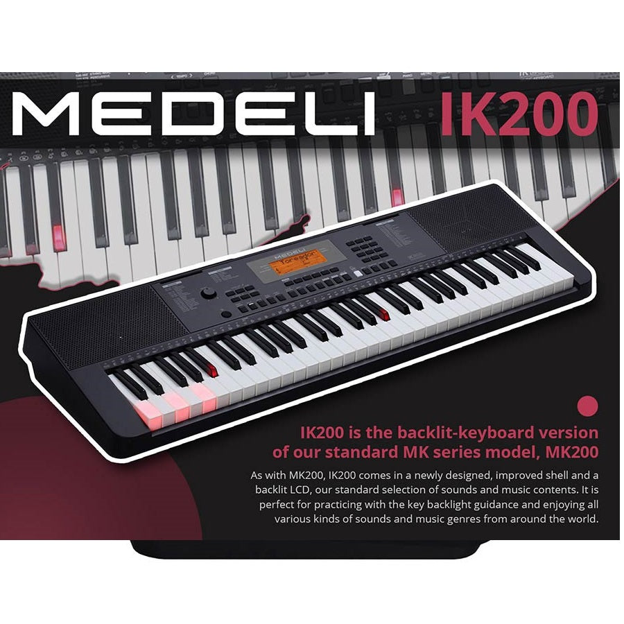 Set orgă Medeli IK200 cu căști, scaun și stativ, 61 clape dinamice, 585 tonuri, 202 ritmuri, USB-MIDI, intrare microfon