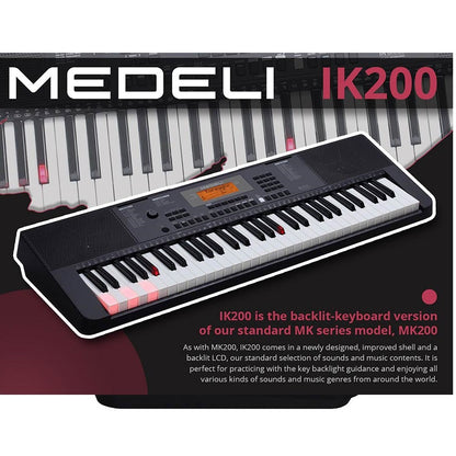 Set orgă Medeli IK200 cu căști, scaun și stativ, 61 clape dinamice, 585 tonuri, 202 ritmuri, USB-MIDI, intrare microfon