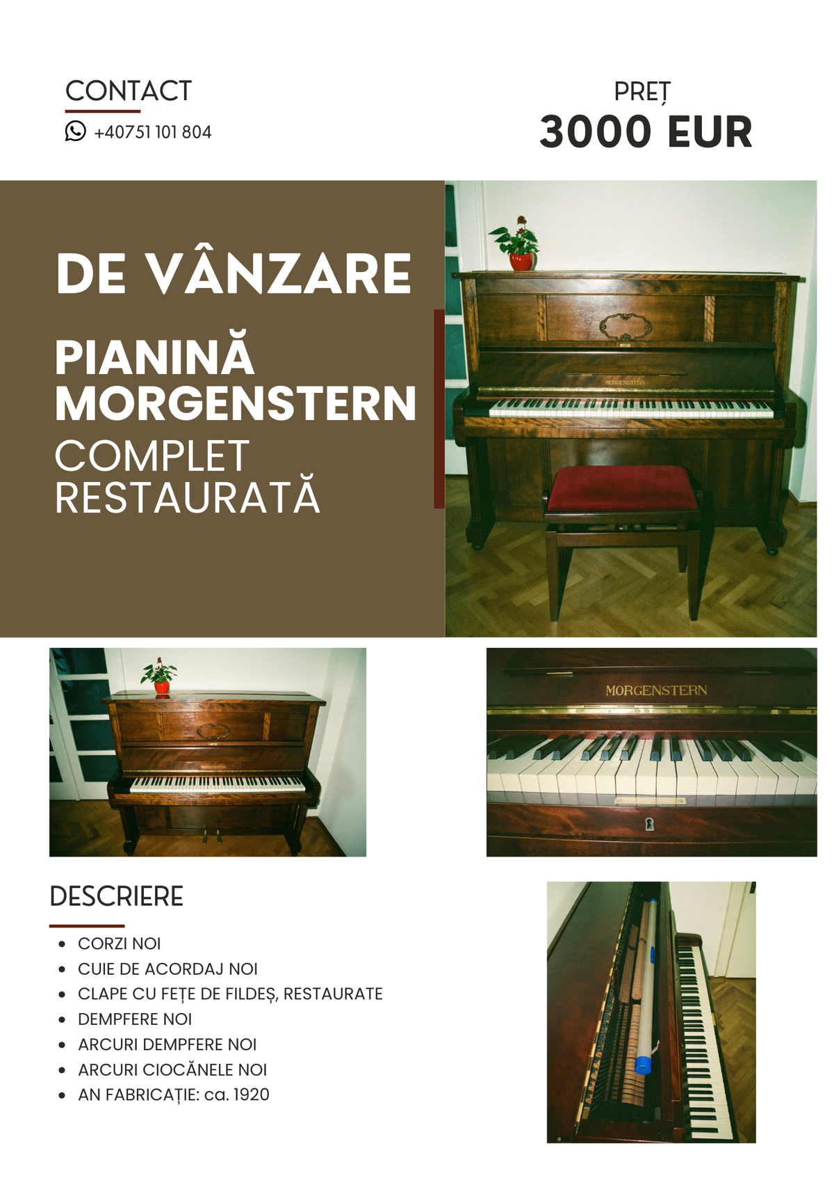 Pianină acustică Morgenstern an 1920, complet recondiționată, componente noi, stare excelenta