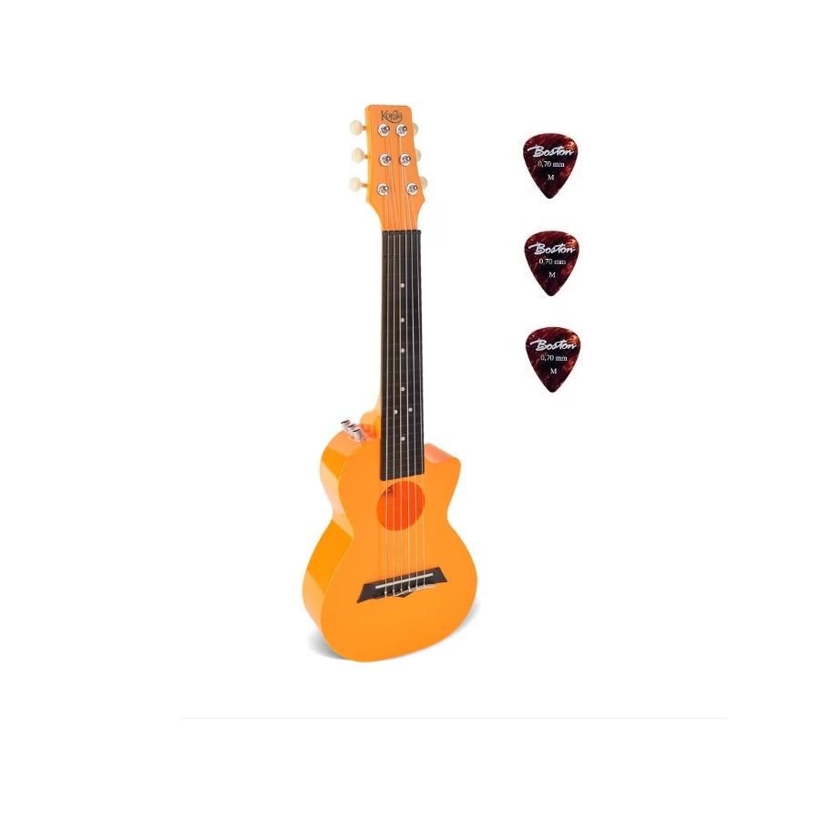 Korala PUG40EOR – Set ukulele electric (guitarlele), policarbonat, portocaliu, 69 cm, cu 3 pene