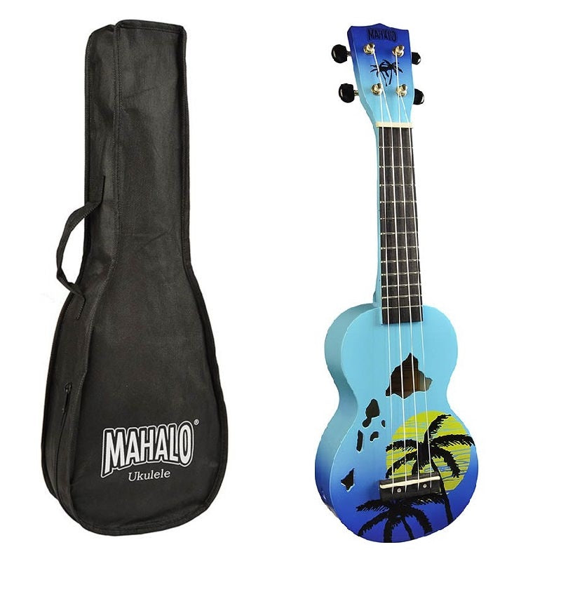 Mahalo MD1HABUB – Set ukulele sopran, seria Designer Hawaii, finisaj albastru burst, cu husă